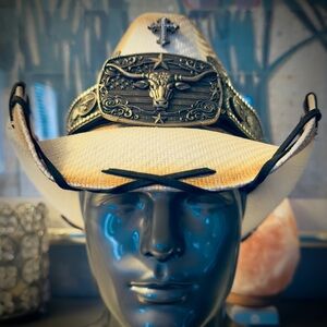 Cream Cowboy Hat with Wide Brim and Decorative Band